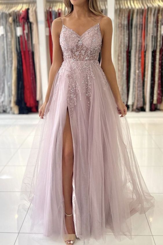 Pink tulle beads long prom dress pink evening dress fg1897