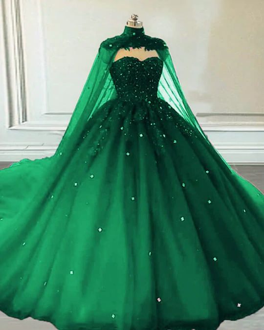 Crystals Ball Gown Emerald Green Quinceanera Dresses With Cape fg2338