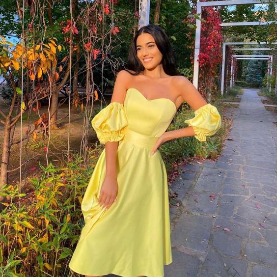 Strapless Yellow Tea Length Prom Dress with Removable Sleeves fg1513