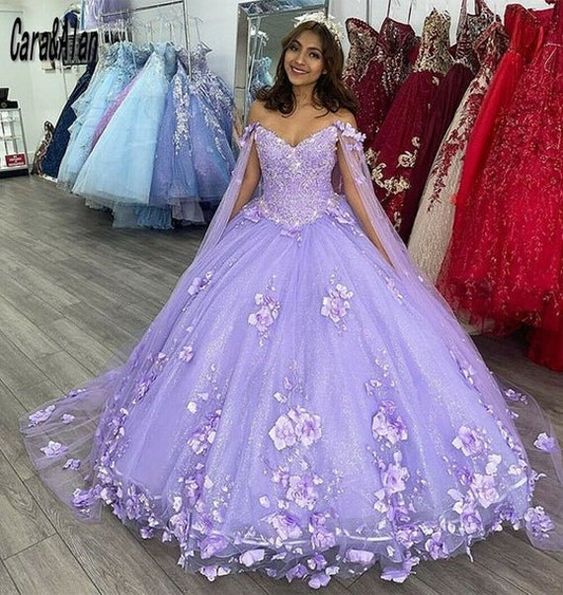 Light Purple Quinceanera Dresses With Cape 3D Floral Applique Ball Gown Sweet 16 Prom Gowns fg2510