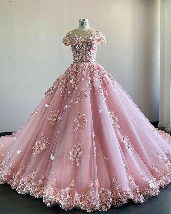 Pink Lace Tulle Prom Dress, Charming Ball Gown fg1019