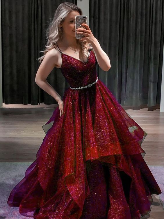 Beautiful Wine Red Layers Tulle Straps Long Party Dress, Burgundy Long Prom Dress fg1091