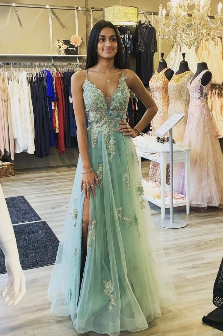 Green tulle lace long prom dress A line evening dress fg1925