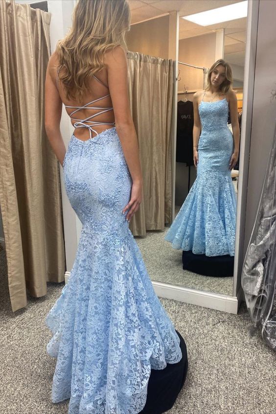 Blue Lace Mermaid Formal Dress fg2562