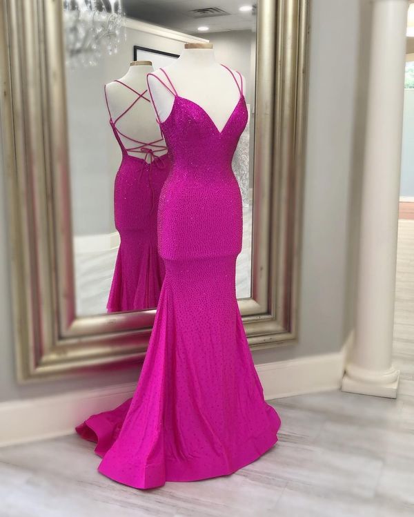 Mermaid Hot Pink Beaded Long Prom Dress fg2357