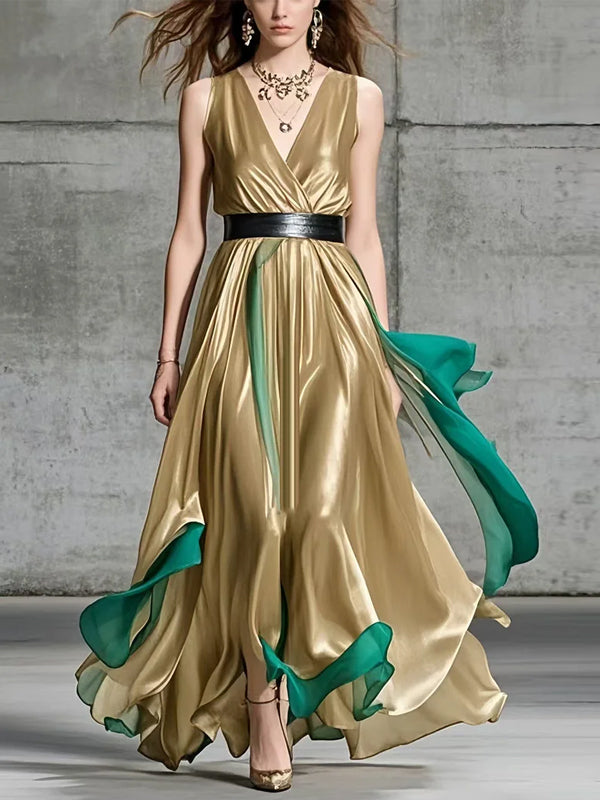 Khaki V-neck Sleeveless Silk Print Maxi Dress