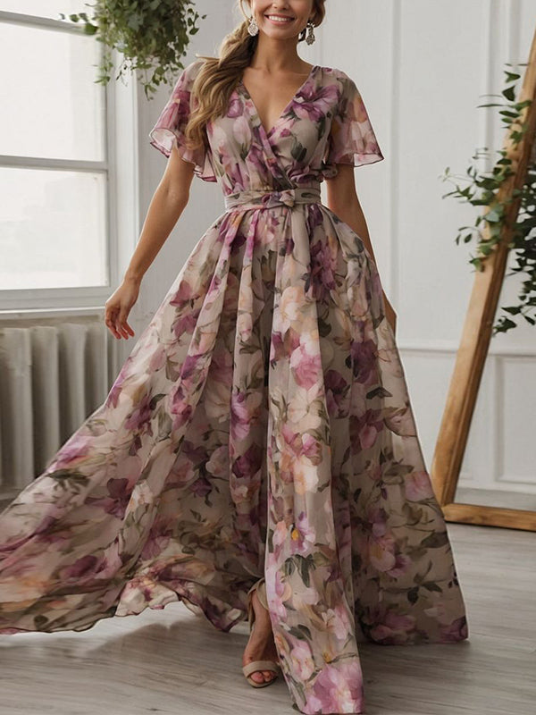 Pink V-neck Short Sleeves With Print Maxi Dress