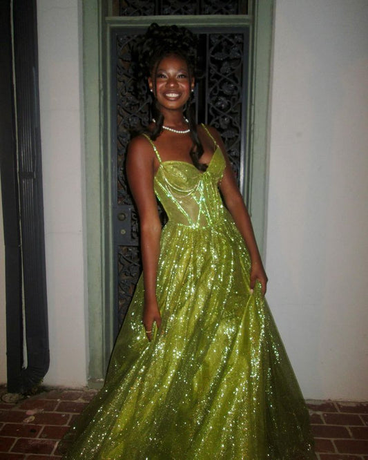 Stunning Green A Line Spaghetti Strap Corset Sequin Long Prom Dress Evening Dress SH3543