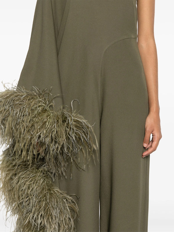 One-shoulder Solid Color Feather Jumpsuit