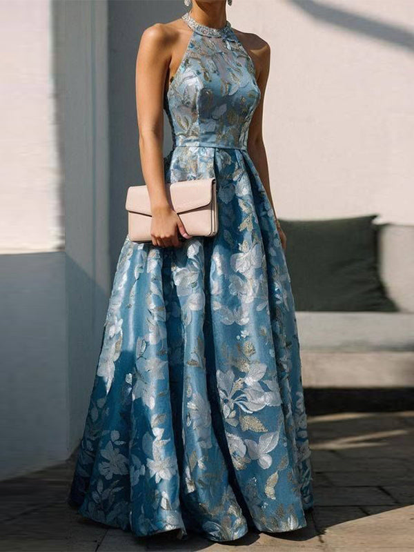 Blue Halter Neck Print Maxi Dress