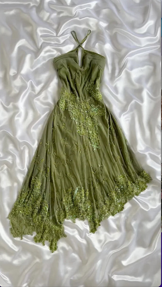 Vintage A Line Halter Sequin Appliques Green Chiffon Prom Dress Evening Dress SH2298