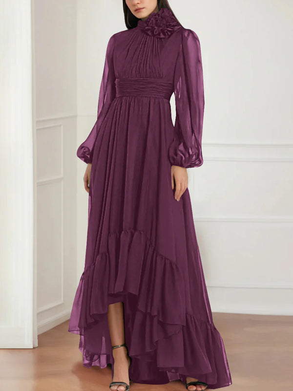 A-Line/Princess Jewel Neck Long Sleeves Asymmetrical Mother of the Bride Dresses with Flower & Ruffles