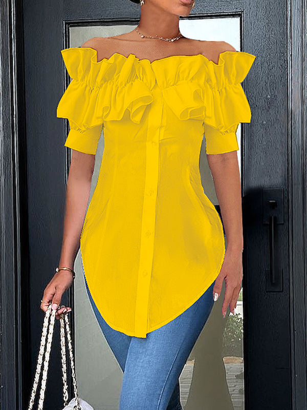 Elegant Off Shoulder Ruffle Short Sleeve Button-Down Blouse