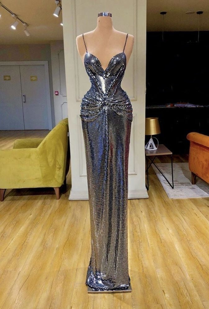 Cyberpunk silver cold metallic fashion tight long Prom dress evening dress gh5021