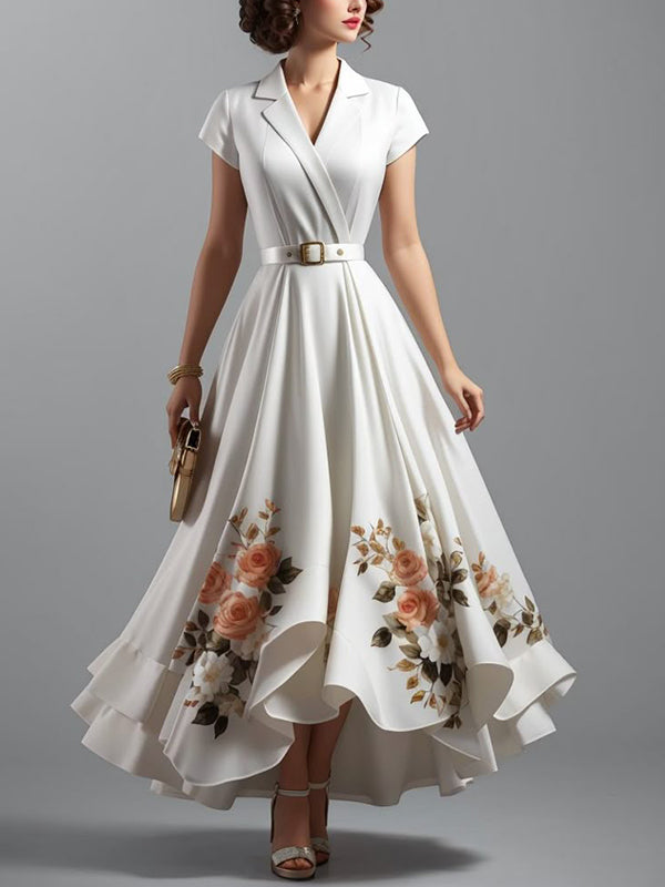 White Lapel Short Sleeves Printed Maxi Dress