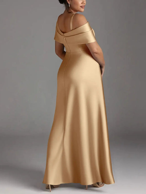 Champagne A-Line Pleated Stretch Satin Dress