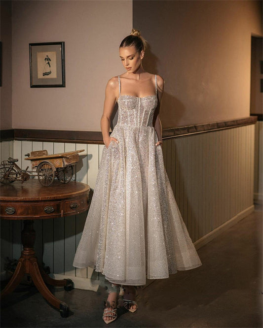 loveedsTM- Sequins Spaghetti Straps Knee Evening Dresses Glitter A-line Wedding Dress Flash Vestidos De Fiesta  Vestidos De Noche