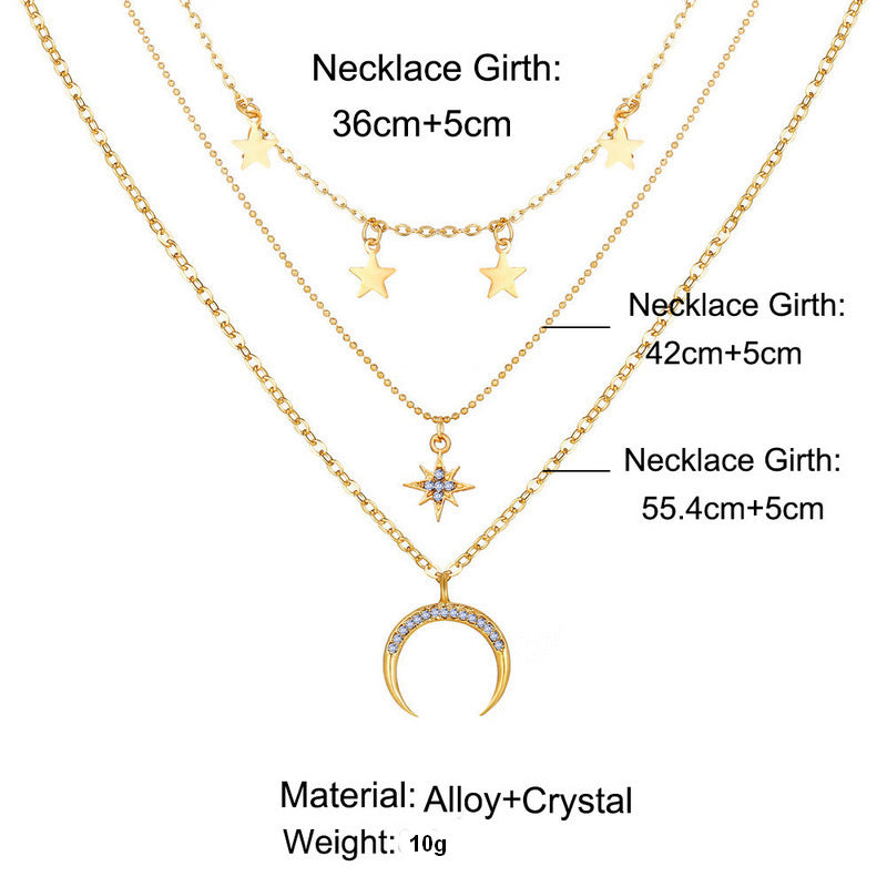Star moon necklace women's pentagram necklace multi-layer moon pendant