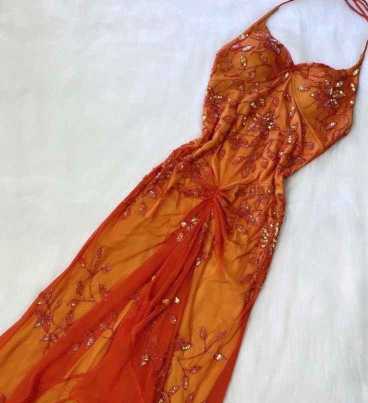 Orange Gorgeous Exquisite Beaded Spaghetti Strap Halter Neck Long Elegant Tulle Mermaid Slim Fit Ball Gown Evening Gown Party Dress gh3172