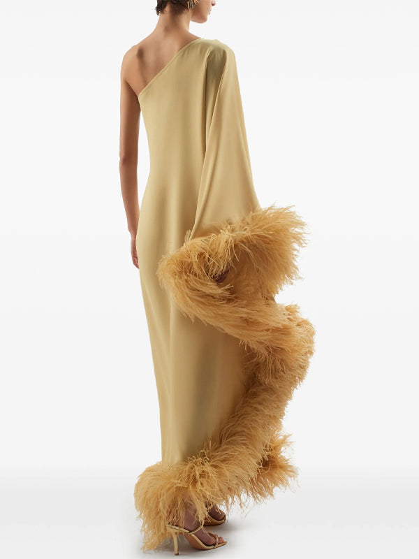 One Shoulder Solid Color Feather Maxi Dress