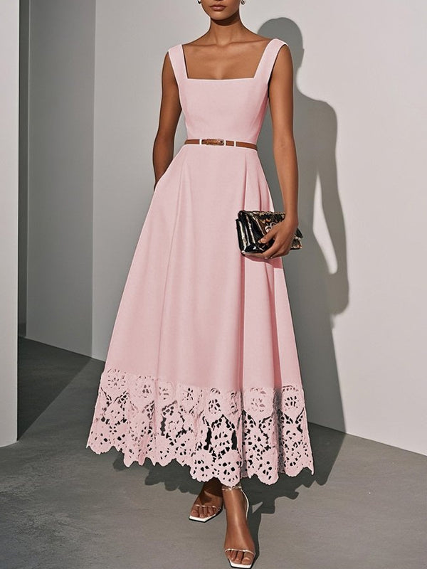 White Lace Classic Square Neck Sleeveless A-Line Maxi Dress