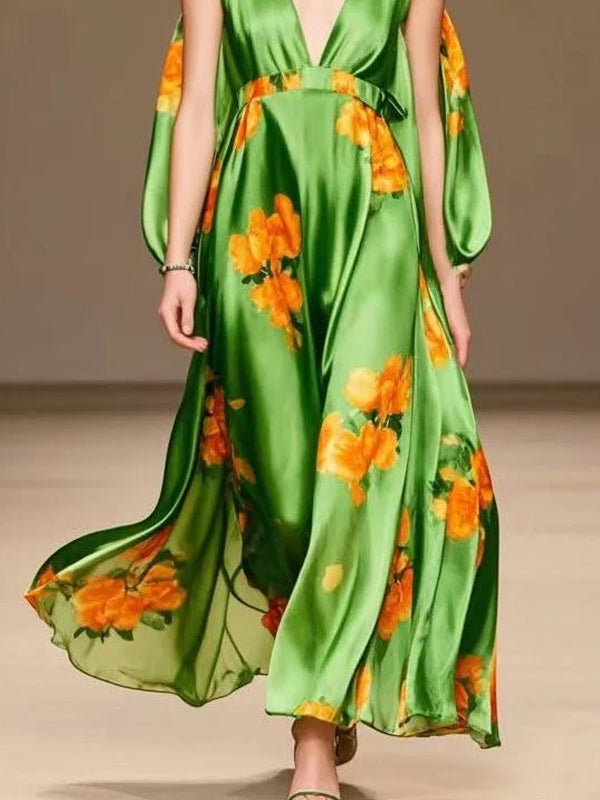 V-neck Chiffon Print Holiday Women's Dress