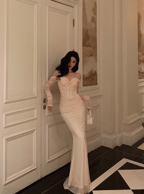 Sexy Sheath Off The Shoulder White Long Sleeves Satin 21st Birthday Dress Party Gown Birthday Outfits Birthday Dress Ideas For Women DP1897