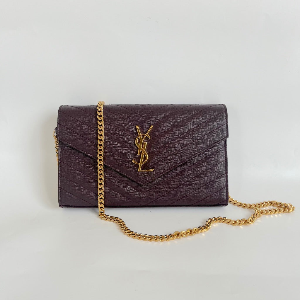 Saint Laurent burgundy Cassandre Chain Wallet in Matelassé Leather
