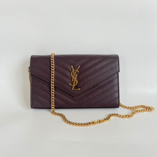Saint Laurent burgundy Cassandre Chain Wallet in Matelassé Leather