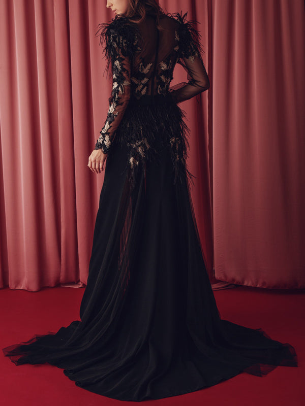 V-neck Solid Color Long Sleeves Maxi Dress