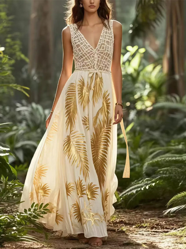 Gold Print Oversized Hem Chiffon Dress