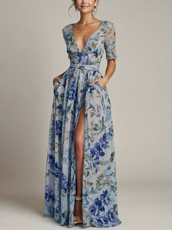 Blue V-neck Short Sleeves With Print Maxi Dress