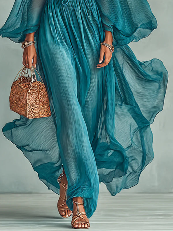 Flowing Cotton and Linen Trumpet Sleeves Women's Dress