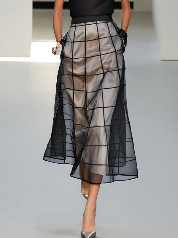 Black Mesh Classic Crew Neck Sleeveless A-Line Midi Dress