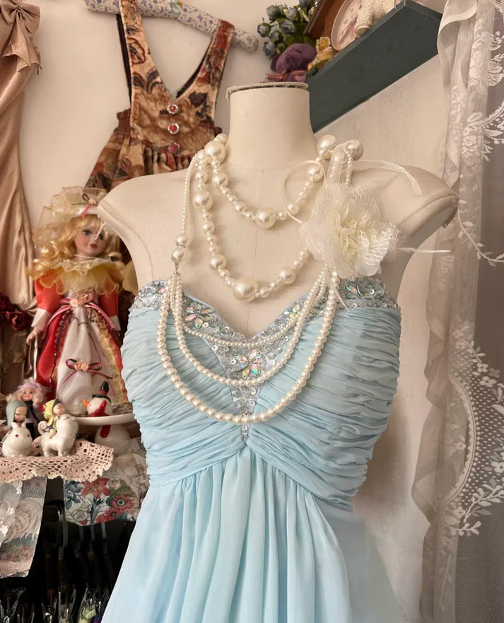 Baby Blue A Line Sweetheart Neck Beaded Chiffon Prom Dress Graduation Prom Dress SH2581