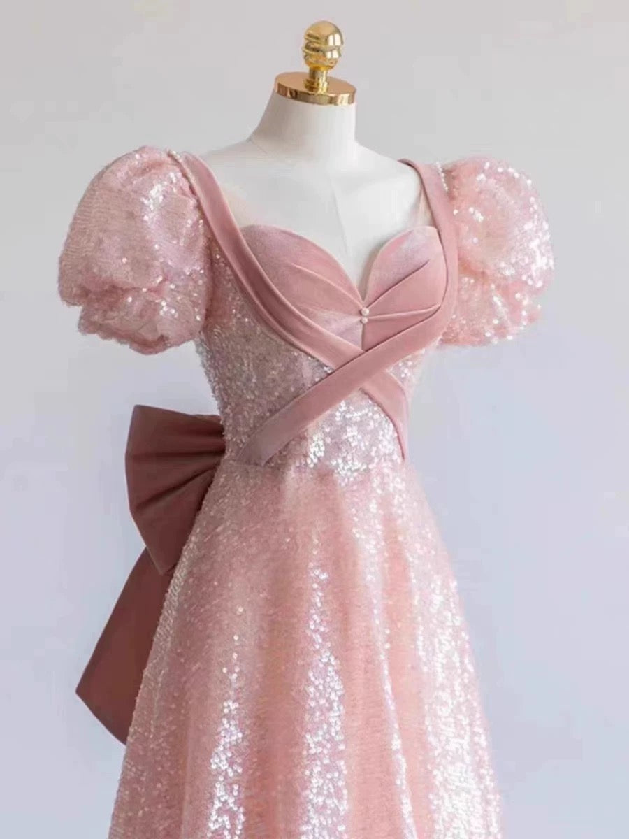 Princess A line Pink Short Sleeves Sequin Long Prom Dresses P1007