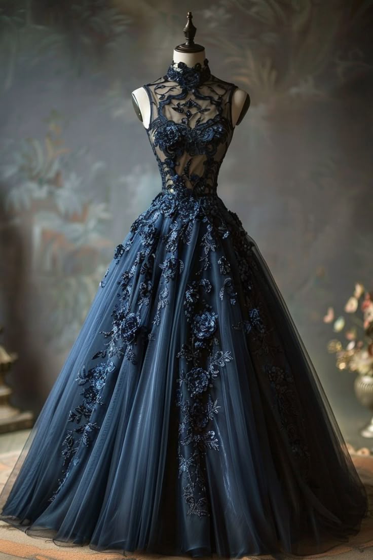 Elegant A Line High Neck Appliques Navy Blue Tulle Prom Dress Evening Dress SH2412