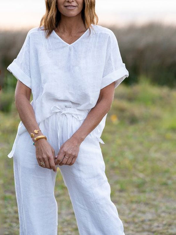 Cotton Linen Short Sleeve Women's Suit