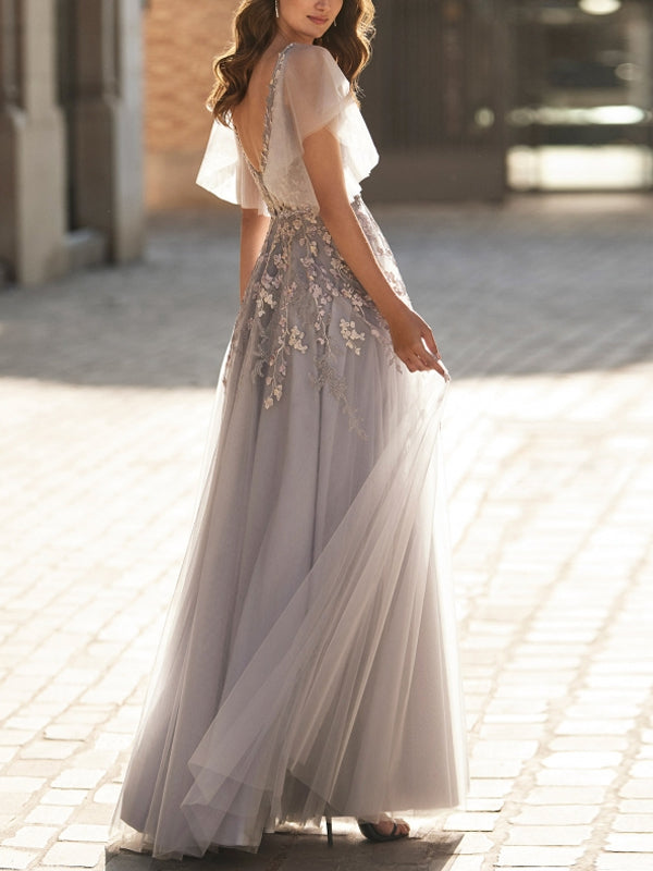 V-Neck Lace Mesh Solid Color Maxi Dress