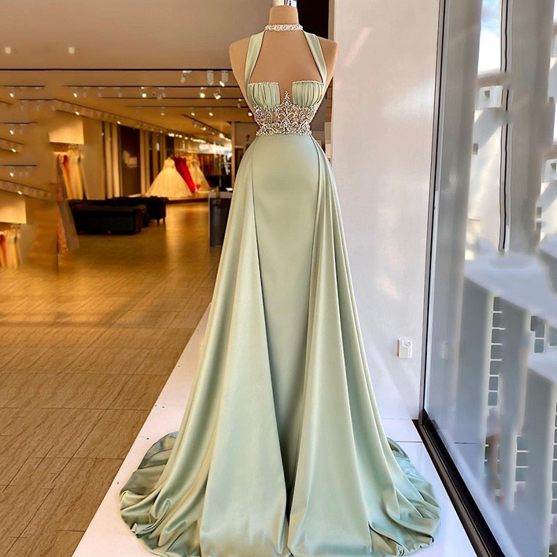 loveedsTM- Arabic Green Mermaid Evening Dress Elegant Sleeveless Halter Neck Soft Satin Beading Prom Dresses Long Party Gown