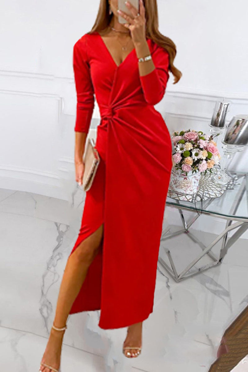 loveedsTM-Elegant Solid Slit Fold V Neck Evening Dress Dresses