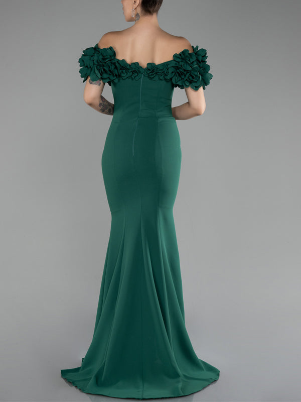 V-neck Solid Color Three-dimensional Flowers Maxi Dress