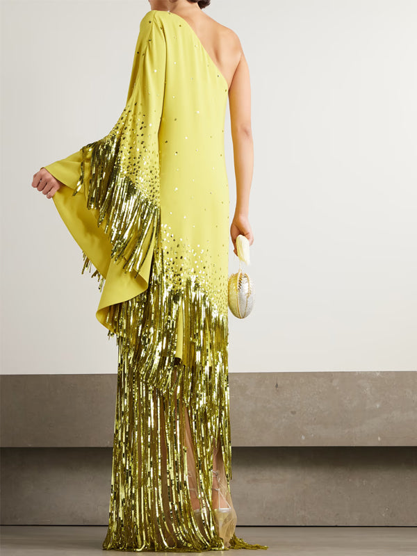Off-shoulder Sequin Solid Color Maxi Dress