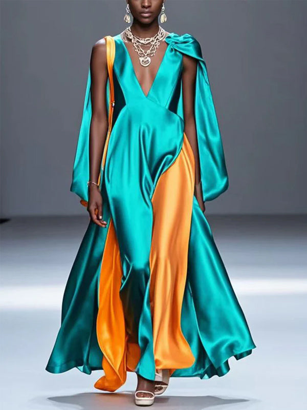 Teal V-neck Silk Maxi Dress