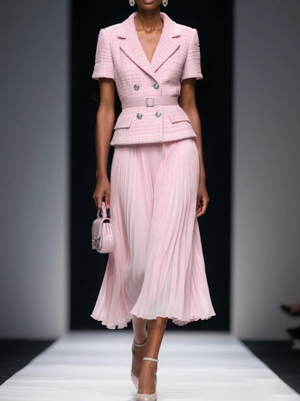 Tweed Pleated Buckle Lapel Collar Short Sleeve Dressy Top With Skirt Two-Piece Set