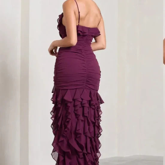 Purple Elegant Sexy Spaghetti Strap Ankle Length Chiffon Ruffle prom Evening Dress Party Dress gh3320