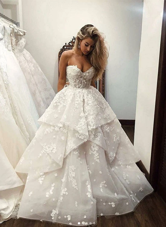 White sweetheart neck applique long prom dress, evening dress KS2304