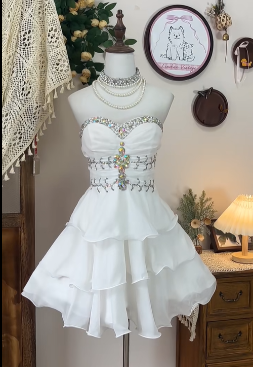 Vintage Strapless White Chiffon Beaded Short Birthday Dress Homecoming Dress S330