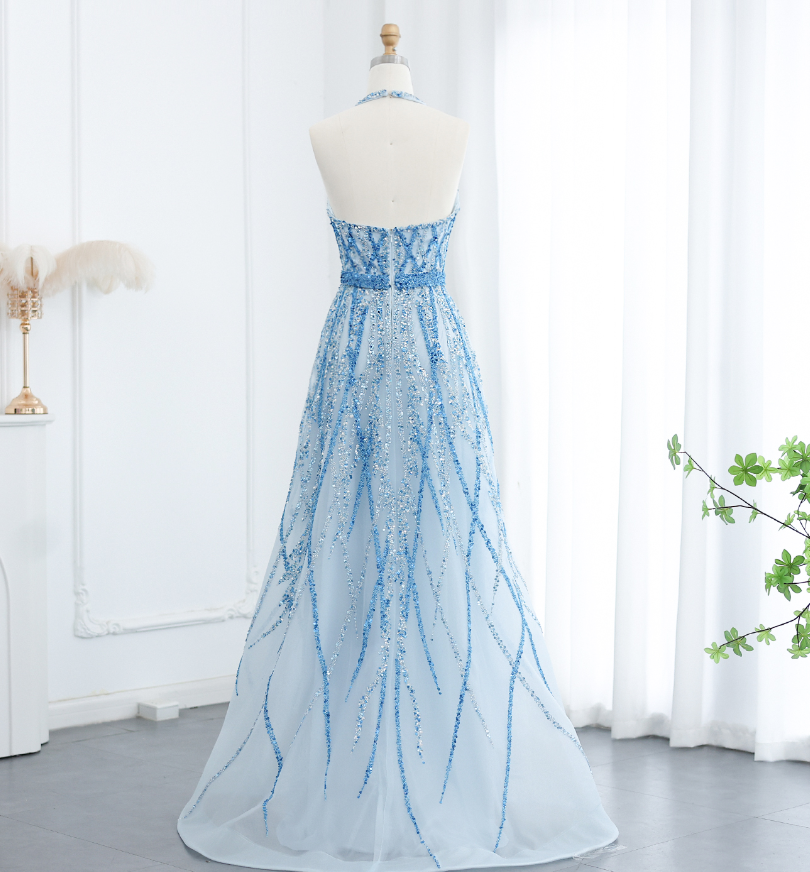 Blue A Line V Neck Sequin Beaded Tulle Long Prom Dress Evening Dress SH2375