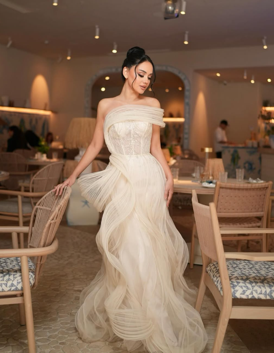 Unique A Line Strapless Ruffle Sequin Tulle Long Prom Dress Evening Dress SH2553